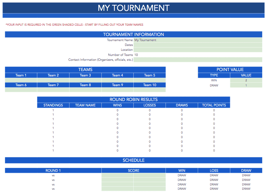 Round Robin Templates: Excel &Amp; Google Sheets (20-4 Rounds) Round Robin Tournament Templates 10 Team