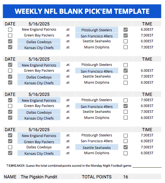 Weekly Nfl Pick’em Templates Excel &Amp; Google Sheets