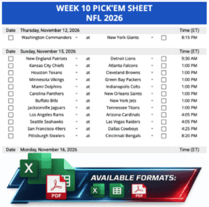 Week 10 Printable Pickems Pickem Pick'ems NFL