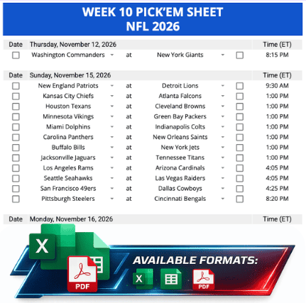 Week 10 Printable Pickems Pickem Pick'ems NFL