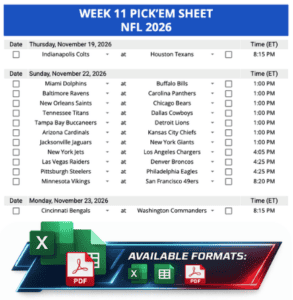 Week 11 Printable Pickems Pickem Pick'ems NFL