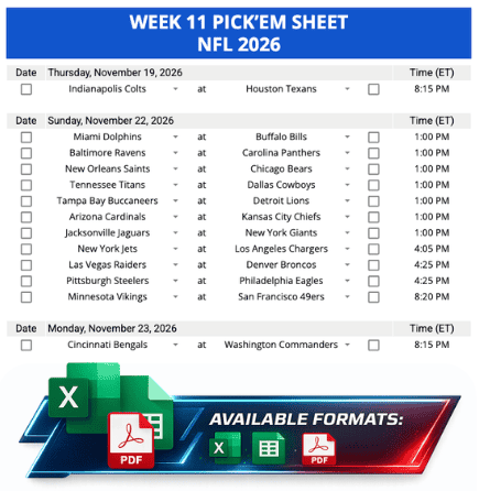 Week 11 Printable Pickems Pickem Pick'ems NFL