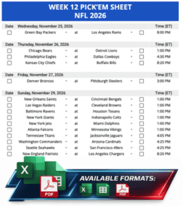Week 12 Printable Pickems Pickem Pick'ems NFL