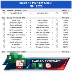 Week 13 Printable Pickems Pickem Pick'ems NFL