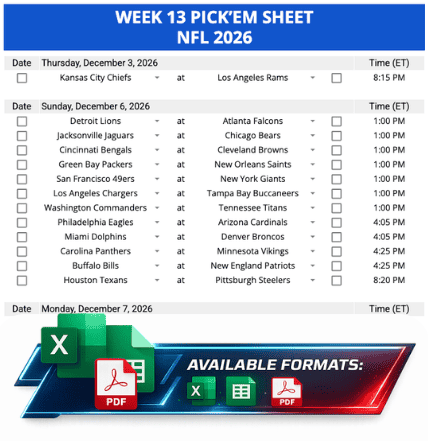 Week 13 Printable Pickems Pickem Pick'ems NFL