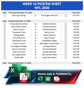 Week 14 Printable Pickems Pickem Pick'ems NFL