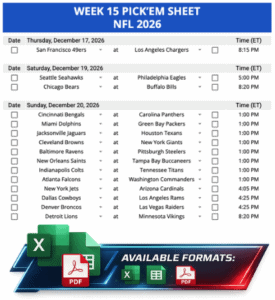 Week 15 Pick’em Sheet 2026 Google Sheets, Excel and PDF
