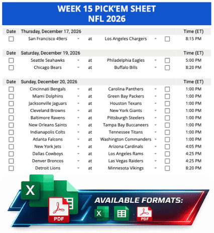 Week 15 Printable Pickems Pickem Pick'ems NFL