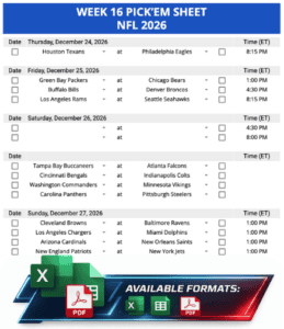 Week 16 Pick’em Sheet 2026 Google Sheets, Excel and PDF