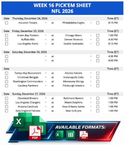 Week 16 Printable Pickems Pickem Pick'ems NFL
