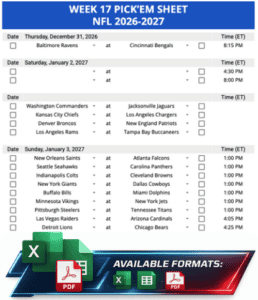 Week 17 Pick’em Sheet 2026-2027 Google Sheets, Excel and PDF