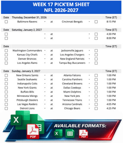 Week 17 Printable Pickems Pickem Pick'ems NFL
