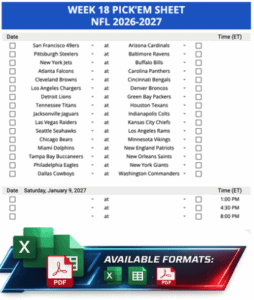 Week 18 Pick’em Sheet 2026-2027 Google Sheets, Excel and PDF