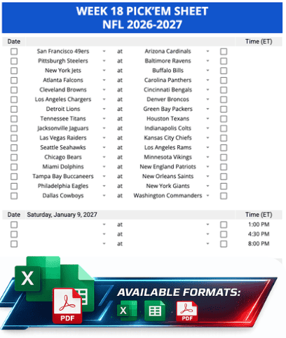 Week 18 Printable Pickems Pickem Pick'ems NFL