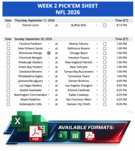 Week 2 Printable Pickems Pickem Pick'ems NFL