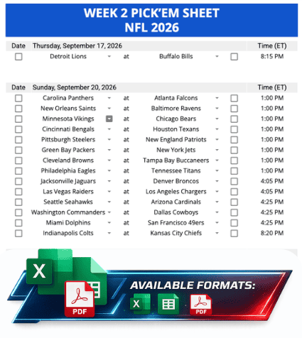 Week 2 Printable Pickems Pickem Pick'ems NFL