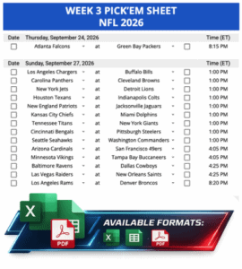 Week 3 Printable Pickems Pickem Pick'ems NFL