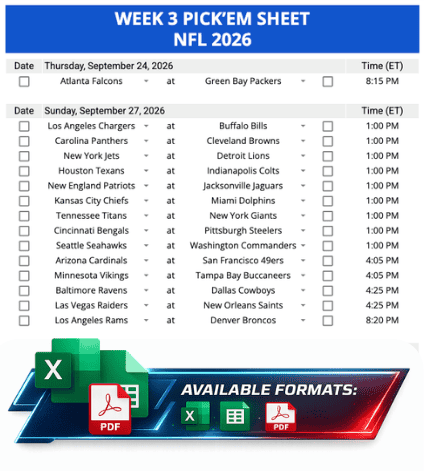 Week 3 Printable Pickems Pickem Pick'ems NFL