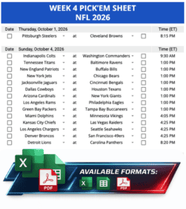 Week 4 Printable Pickems Pickem Pick'ems NFL