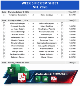 Week 5 Printable Pickems Pickem Pick'ems NFL