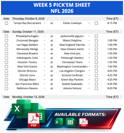 Week 5 Printable Pickems Pickem Pick'ems NFL