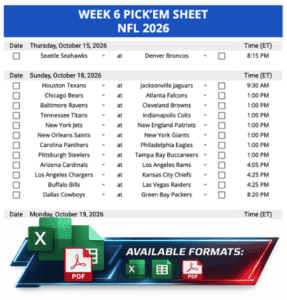 Week 6 Printable Pickems Pickem Pick'ems NFL