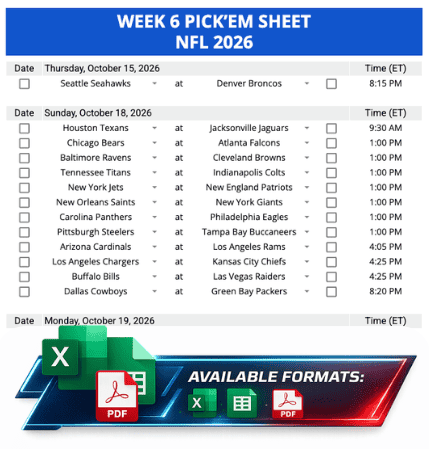 Week 6 Printable Pickems Pickem Pick'ems NFL