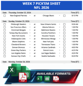 Week 7 Printable Pickems Pickem Pick'ems NFL