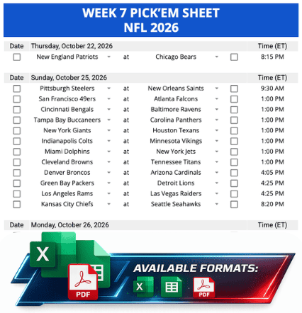 Week 7 Printable Pickems Pickem Pick'ems NFL