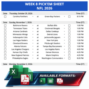 Week 8 Printable Pickems Pickem Pick'ems NFL