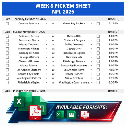 Week 8 Printable Pickems Pickem Pick'ems NFL