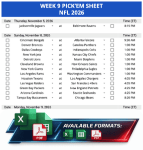 Week 9 Printable Pickems Pickem Pick'ems NFL