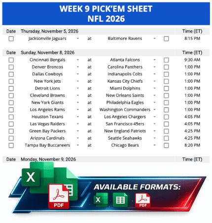 Week 9 Printable Pickems Pickem Pick'ems NFL