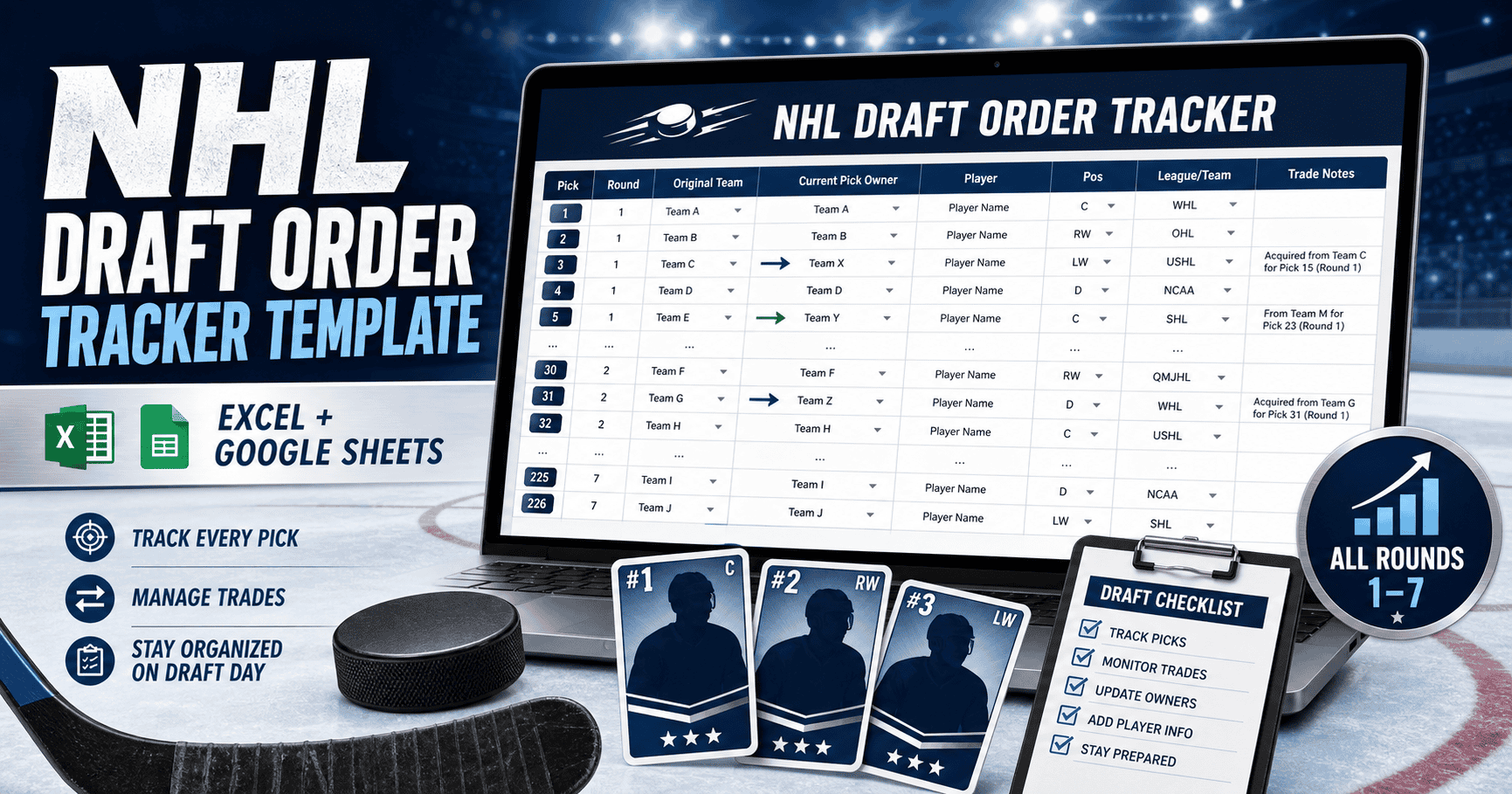 NHL Draft Order Tracker Template Excel and Google Sheets