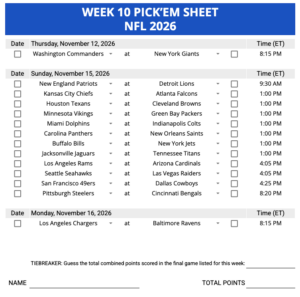 Week 10 Pick'em Sheet 2026 Google Sheets, Excel and PDF
