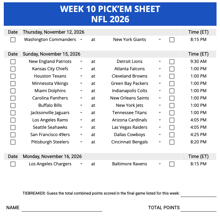 Week 10 Pick'em Sheet 2026 Google Sheets, Excel and PDF