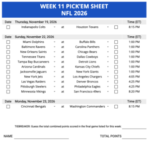 Week 11 Pick'em Sheet 2026 Google Sheets, Excel and PDF