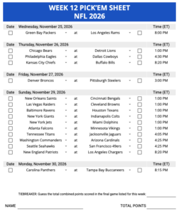 Week 12 Pick'em Sheet 2026 Google Sheets, Excel and PDF