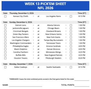 Week 13 Pick'em Sheet 2026 Google Sheets, Excel and PDF
