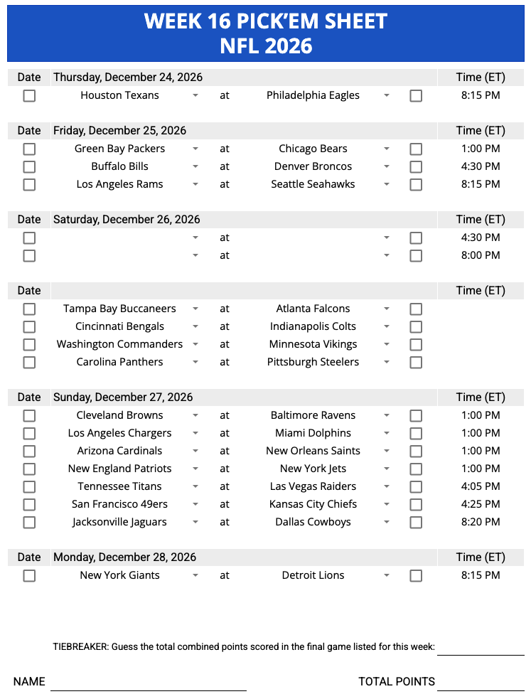 Week 16 Pick'em Sheet 2026 Google Sheets, Excel and PDF