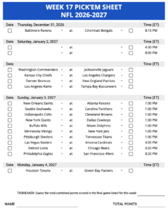 Week 17 Pick’em Sheet 2026-2027 Google Sheets, Excel and PDF
