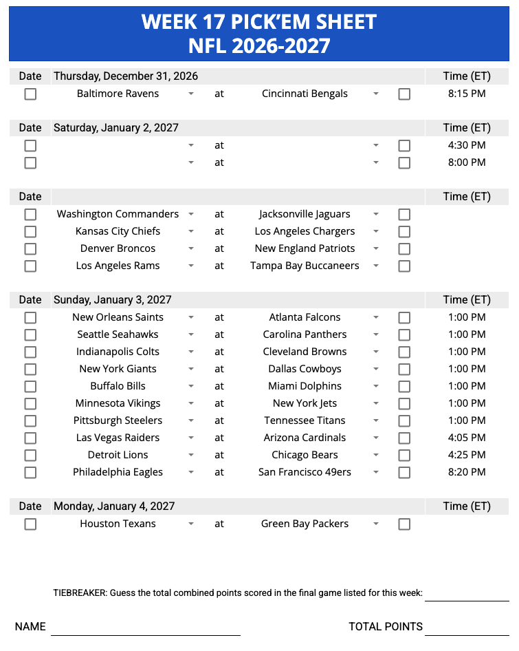Week 17 Pick'em Sheet 2026 Google Sheets, Excel and PDF