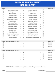 Week 18 Pick’em Sheet 2026-2027 Google Sheets, Excel and PDF