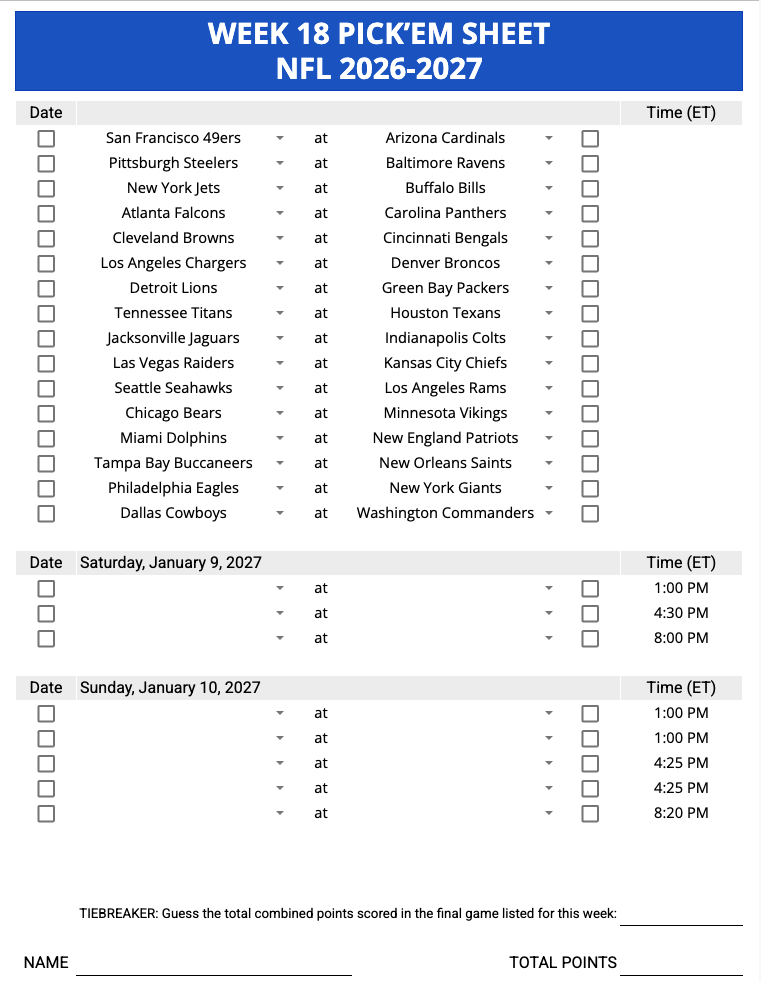 Week 18 Pick'em Sheet 2026-2027 Google Sheets, Excel and PDF
