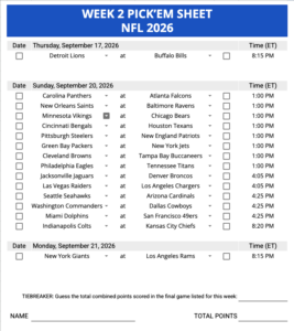 Week 2 Pick'em Sheet 2026 Google Sheets, Excel and PDF