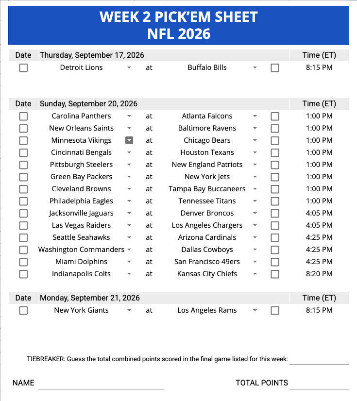 Week 2 Pick'em Sheet 2026 Google Sheets, Excel and PDF