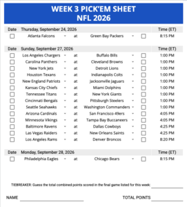 Week 3 Pick’em Sheet 2026 Google Sheets, Excel and PDF