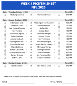Week 4 Pick’em Sheet 2026 Google Sheets, Excel and PDF