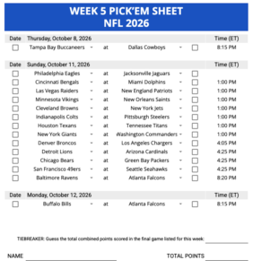 Week 5 Pick’em Sheet 2026 Google Sheets, Excel and PDF