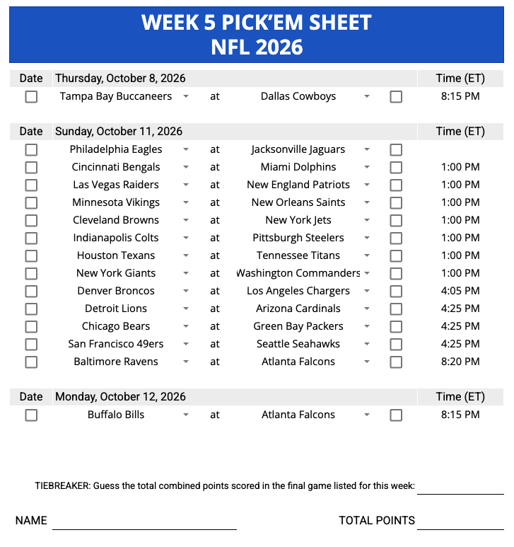 Week 5 Pick'em Sheet 2026 Google Sheets, Excel and PDF